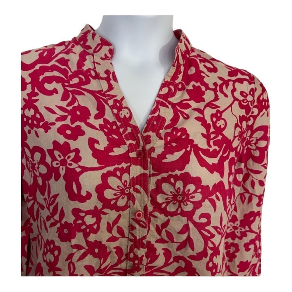 Charter Club Linen Pink Printed Long Roll-Tab Sleeve Blouse Size 12 - Picture 5 of 11